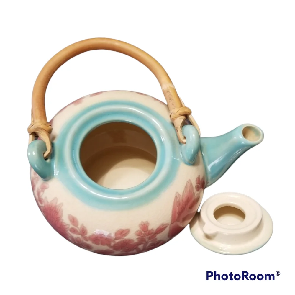 Vintage Pier 1 Imports Ceramic Teapot Pink & Blue W Removable Bamboo Handle